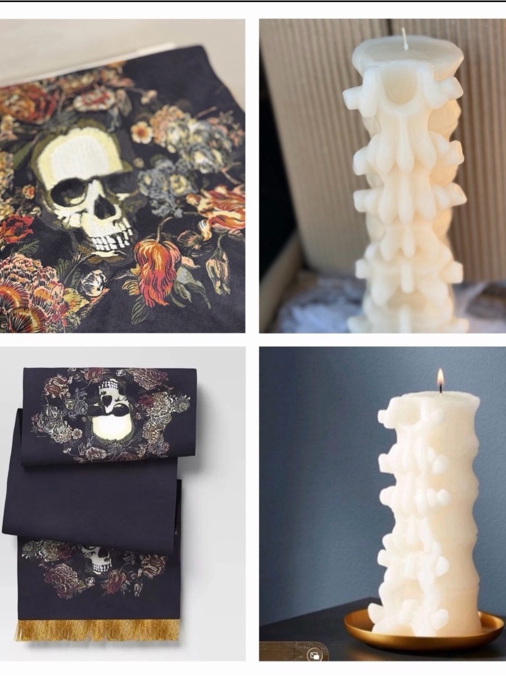 4 Threshold Vertebrae Spine Bone Back Pillar Candles and 4 Skull Velvet Runners
